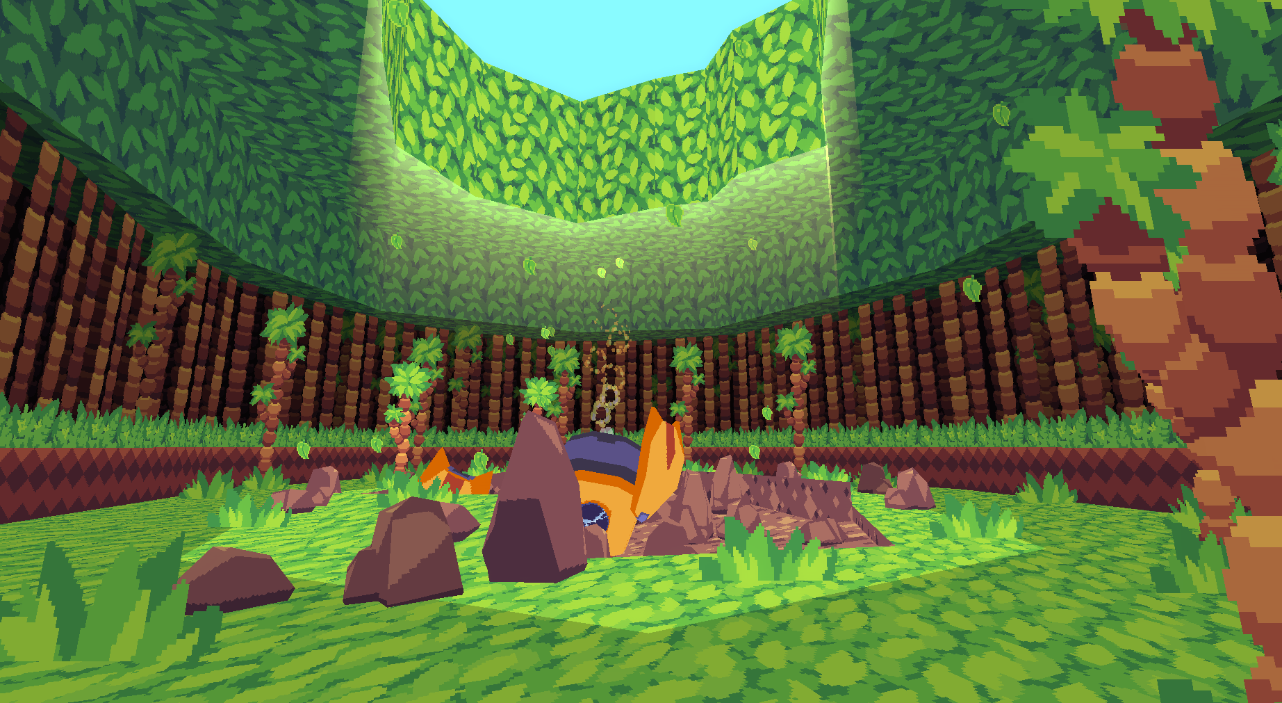 Project Amica screenshot depicting a crashed spaceship in a jungle meadow.