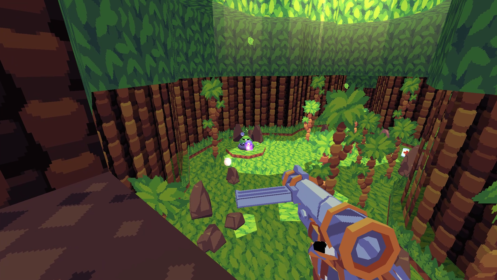 Project Amica screenshot depicting the player looking down on enemy turrets firing at them.