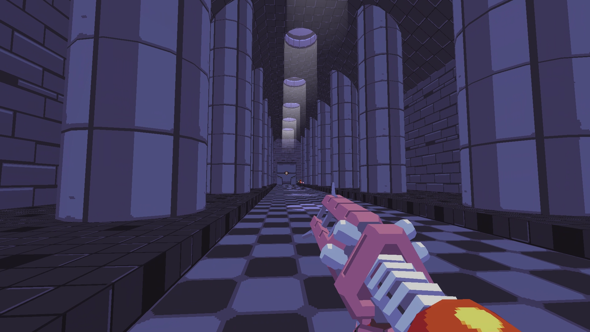 Project Amica screenshot depicting the player looking down a bluish corridor, looks similar to a cathedral.