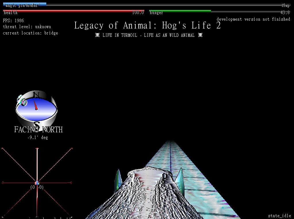 Screenshot from Hog's Life. The player is looking at a vibrant blue bridge shrouded in darkness.