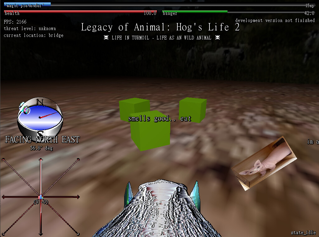Screenshot from Hog's Life. The player is looking at some green cubes representing food. The text on the screen says 'smells good... eat'.