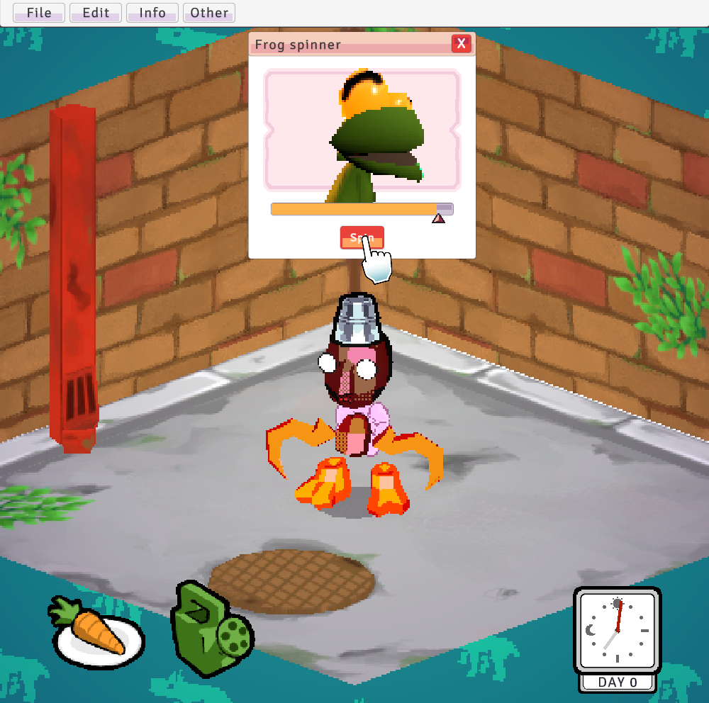 Screenshot of the game tomohana showing the player playing the 'frog spinner' minigame.