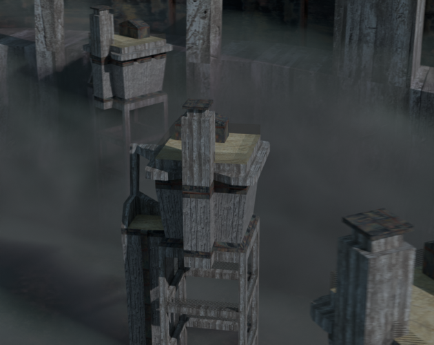 A 3D environment depicting concrete towers standing in the mist, made using WRAD textures.